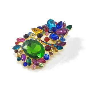 Large Multicolored Rhinestone Gold Tone Brooch, Jewel Colors, 3 Inches